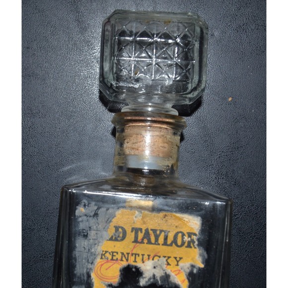 Vintage Old Taylor Bourbon Heavy Cut Glass Decanter w/ Cork Stopper 11.25" Tall - Picture 9 of 9